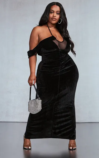 Plus Black Velvet And Mesh Halter Maxi Dress With Bardot Detail