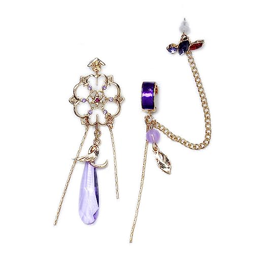 Scaramouche Earrings Kunikuzushi Cosplay Chain Pendant Ear Clips Studs - Purple