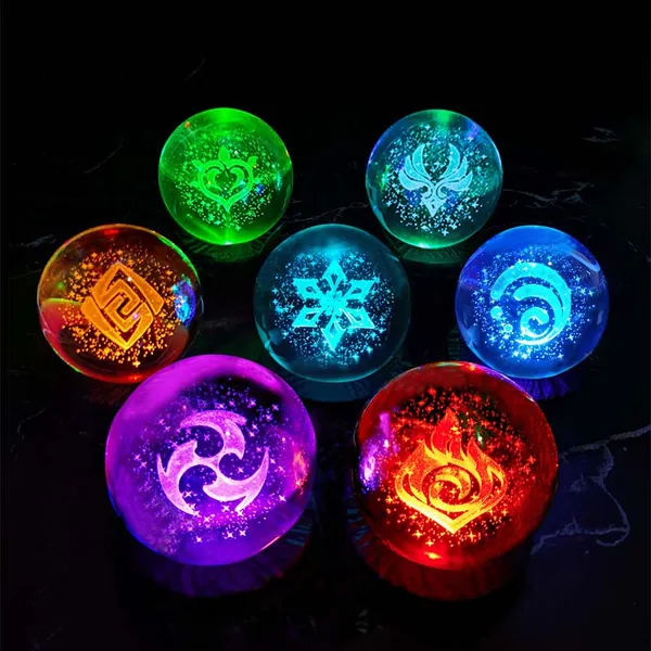 Genshin Impact Element LED Lights Crystal Ball Night Light Wooden Base - All 7 Elements