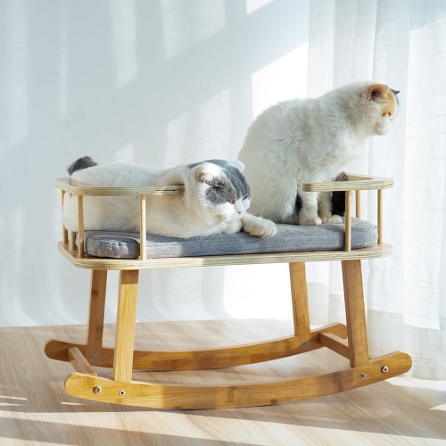 INSTACHEW Rockaby Pet Bed, Comfy and Portable Kitten Couch with Soft Cushion for Small, Medium Cats, Dogs, Long Lasting Cat Furniture, Bamboo Wooden Cot - Grey and Brown