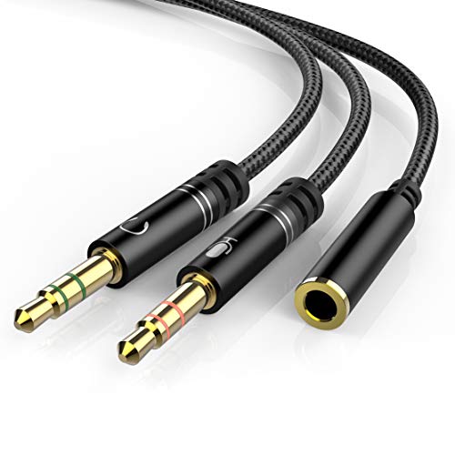 Headphone 3.5mm Splitter Mic Cable for Computer, KOOPAO Headset 3.5mm Female to 2 Dual Male Microphone Audio Stereo Jack Earphones Port to Gaming Speaker PC Adapter(Black) - 24cm - Black