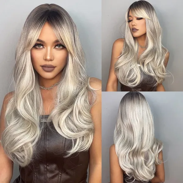 HAIRCUBE Ombre Platinum Blonde Wigs for Women,Long wave Wigs with Bangs Heat Resistant Fiber Synthetic Wigs - Orange Brown