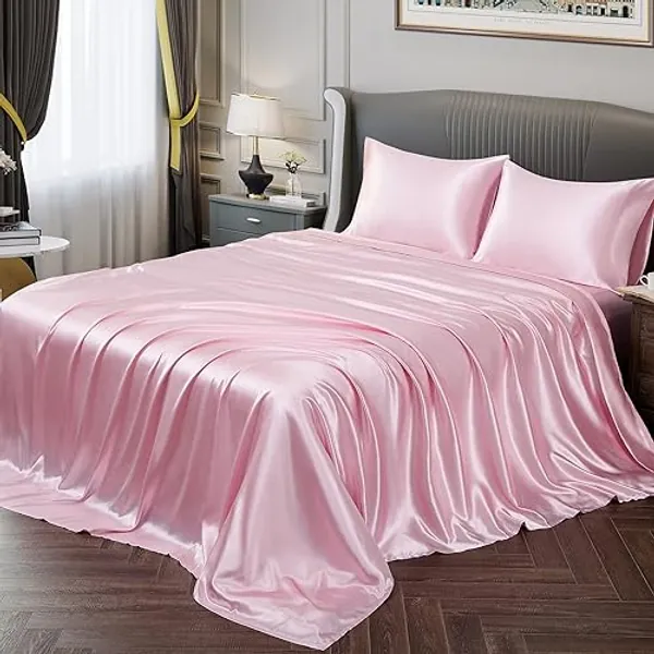 Vonty Satin Sheets Full Size Silky Soft Satin Bed Sheets Pink Satin Sheet Set, 1 Deep Pocket Fitted Sheet + 1 Flat Sheet + 2 Pillowcases - Full - Pink
