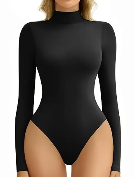 Avidlove Bodysuits for Women High Neck Long Sleeve Body Suits Snap Closure Double Lined Mock Neck Bodysuit Soft - Medium - Black