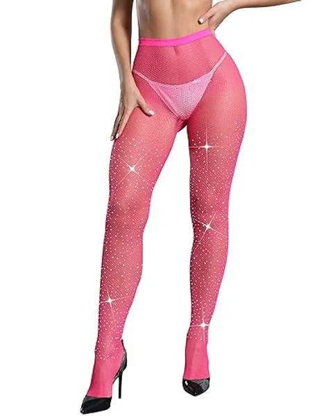 CHRLEISURE Women's Sparkle Rhinestone Fishnets, Sexy Sparkly Glitter Party Concert Outfit Fishnet Stockings - Small-Large - Hole - Rose
