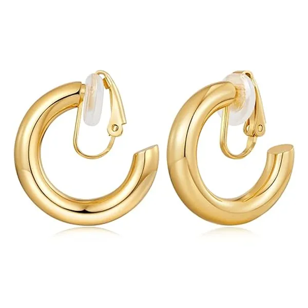 FAMARINE Hoop Clip on Earrings Gold Chunky Tube Hoop Clip on Earrings for Women 14K Gold Plated Minimalistic Round Thick Clip Earring