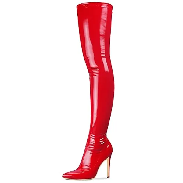 Women's Patent Leather PU Thigh High Boots Pointy Toe Side Zippe Fashion Comfy Sexy Stiletto High Heel Over The Knee Boots - 9.5 - Red