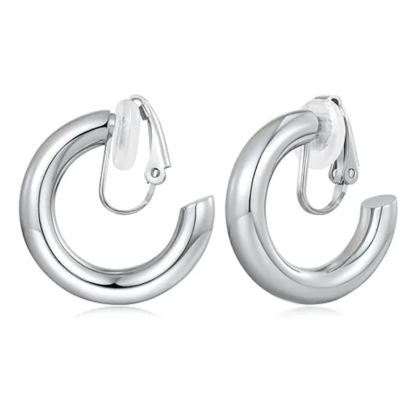 FAMARINE Silver Clip on Earrings Chunky Tube Hoop Clip on Earrings for Women Minimalistic Round Thick Clip Earring