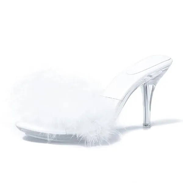 Women's Fuzzy Slippers Clear Heels Pointed Toe Stilettos Heels Mules Sandals Fluffy Feather Slip On High Heeled Party Prom Dresses Shoes - 9 - White