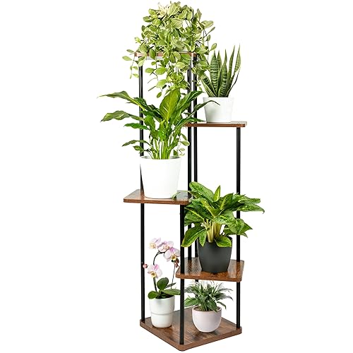 TTL HOME Blumenständer TOWER - 5 Etagen 105 cm hoch Pflanzenständer Design Holz Eiche & Metall schwarz - innen Deko für Wohnzimmer Blumen Ständer & Regal Pflanzenregal Blumenregal Blumentreppe - 5-Ebenen Eiche 1 St