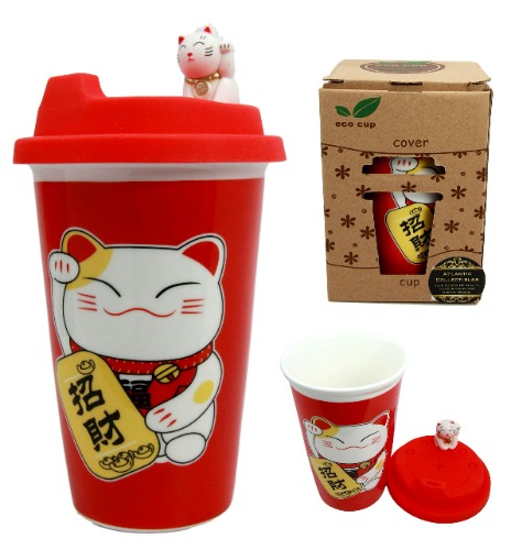 Atlantic Collectibles Lucky Cat Maneki Neko Ceramic Tall Drink Mug Cup With Silicone Lid (Red) - Red