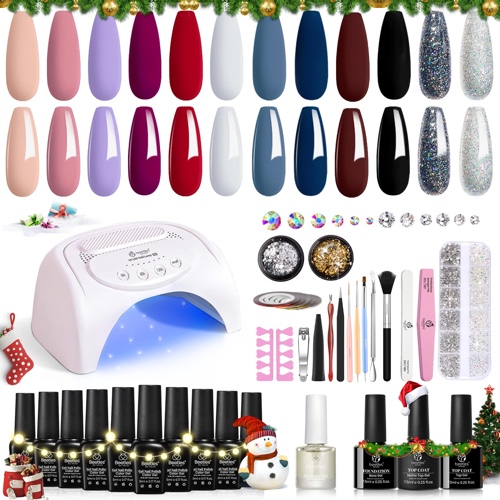 Beetles 12 Colors Gel Nail Polish Starter Kit with U V Light 48W LED Nail Lamp Gel Base Top Coat Nude Gray Pink Blue Gel Polish Glitter Powder Nail Art Rhinestone Manicure Christmas Gift Decorations - Upgraded Starter Kit