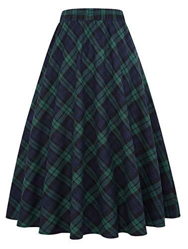 IDEALSANXUN Women’s Plaid Skirt Elastic Waist A-line Midi Pleated Skirts - XX-Large - Green