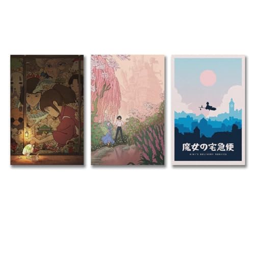 Generic Set of 3 Spirited Howl Moving Castle Kikis Studio The Ghibli Anime Posters Decorative Painting Canvas Wall Art Living Room Decor Posters 12x18inch(30x45cm), Unframe-style