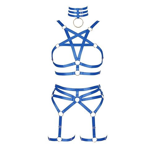 Women's Body Harness Pentagram Bra Set Punk Garter Leg Waist Dance Elastic Gothic Carnival Accessories - Royal Blue