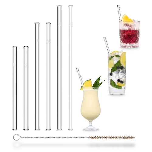 Reusable Glass Straws 9 inch + 8 inch + 6 inch mixed set with plastic free brush - Combo 6 Pack