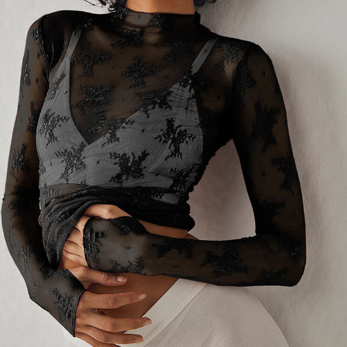 Floral Embroidery Mesh Sheer Long Sleeve T-shirt - Black / L (Bust 87cm)