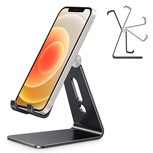 OMOTON Adjustable Cell Phone Stand, C2 Aluminum Desktop Phone Holder Dock Compatible with iPhone 15 14 13 Xs XR 8 Plus 7 6, Samsung Galaxy, Google Pixel, Android Phones, Black - Black