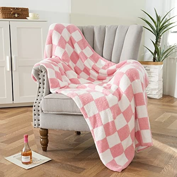 Checkered Throw Blanket Soft Fuzzy Lightweight Warm Preppy Aesthetic Decor for Couch,Chair,Sofa,Bed(Pink,51"x63")