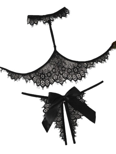 Lilosy Sexy Bow Choker Halter Floral Lace Sheer Lingerie Set for Women See Through Bra and Panty 2 Piece - Large Black