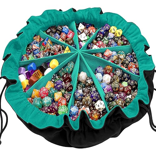 SIQUK Large Dice Bag with Pockets Drawstring Dice Bag DND Dice Storage Bag Big Capacity Dice Pouch for RPG MTG Table Games, Hold over 300 Dice (Black & Cyan) - Black & Cyan