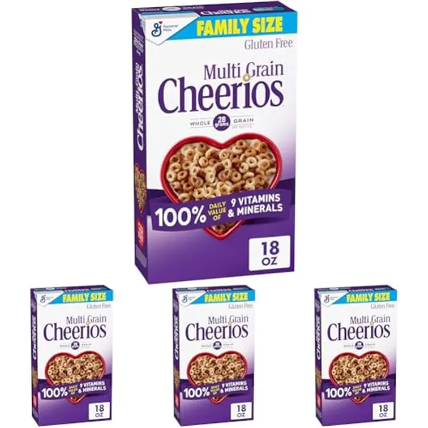 Cheerios Multi Grain Cheerios Heart Healthy Cereal, 18 OZ Family Size Cereal Box (Pack of 4)