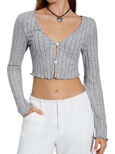 V Neck Button Front Long Sleeve  Medium - Grey