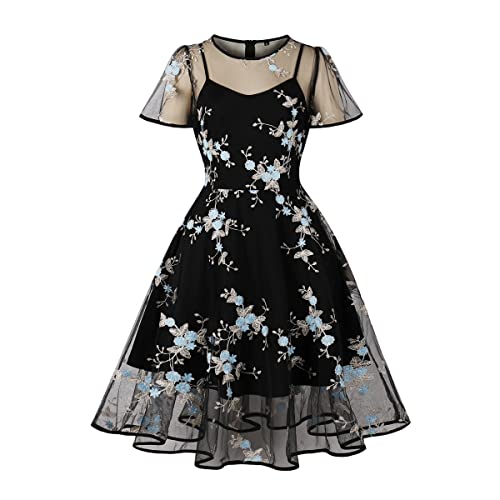 Women Mesh Floral Embroidery Vintage Cocktail Swing Dress Illusion 50s Goth Flared A line Casual Wedding Prom Evening Dress - Medium - Black-contrast