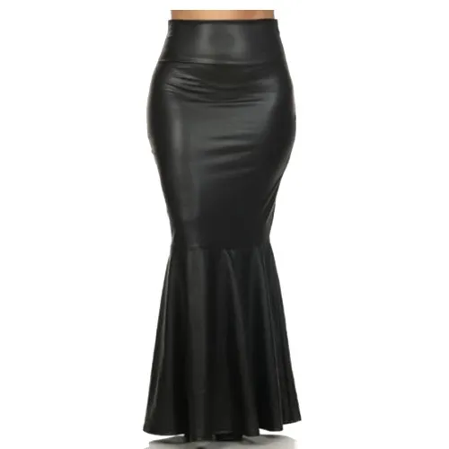 917 - Plus Size Faux Leather Pleated High Waist Maxi Mermaid Skirt - Small - Black