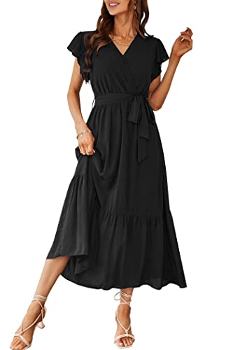PRETTYGARDEN Women's 2024 Floral Boho Dress Wrap V Neck Short Sleeve Belted Ruffle Hem A-Line Flowy Maxi Dresses - Solid Black - Small