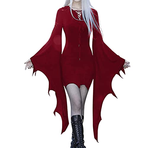 Halloween Gothic Dresses for Women Bat Bodycon Goth Mini Dress Cosplay Batwing Sleeve Sexy Witch Funny Autumn Tunics 2023 - Small - A - Red