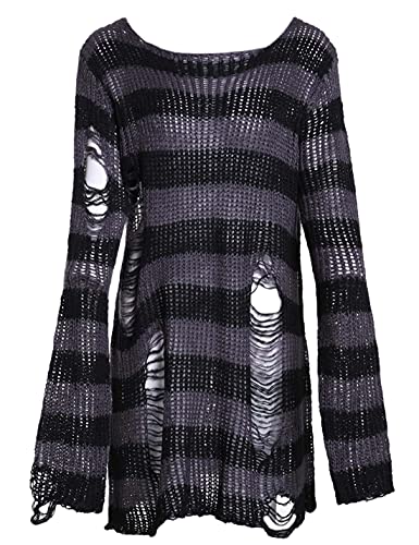Peaceglad Womens Oversized Goth Punk Ripped Striped Long Sleeve Pullover Sweater Dress Tops - One Size - Gray