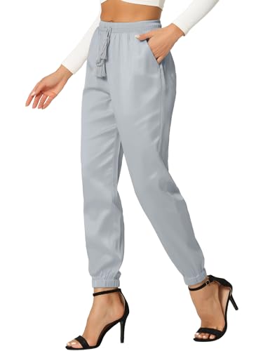 Drawstring Elastic Waist Athleisure Pants - Small - Silver