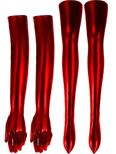 SATINIOR Women's Carnival Halloween Costume Elastic Spandex Shiny Wet Long Gloves and Thigh High Stockings - Red