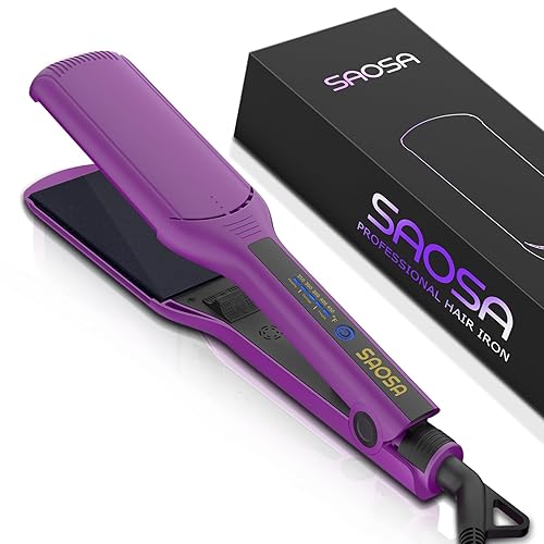 SAOSA Wide Hair Straightener, Tourmaline Ceramic Wide Hair Straightener Flat Iron for Women Long & Thick Hair Fast Styling, Dual Voltage, Auto Off, Purple