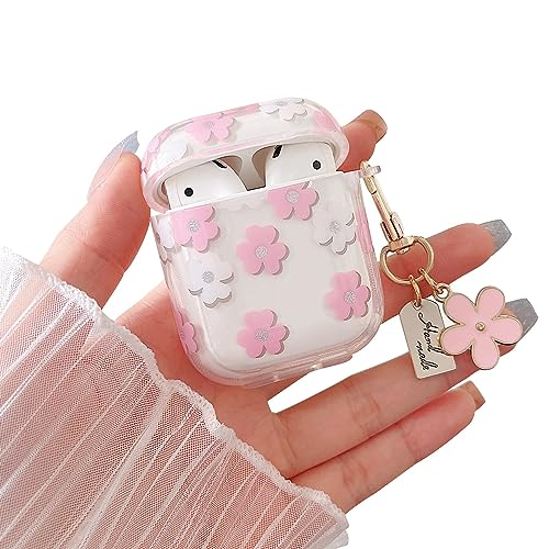 MINSCOSE Compatible with AirPods 1/2 Clear Case,Cute Cartoon Flower Pattern Design with Floral Keychain, Soft TPU Protective Shockproof Case for AirPod 1&2 for Girls Women-Pink - Pink - AirPods 1&2
