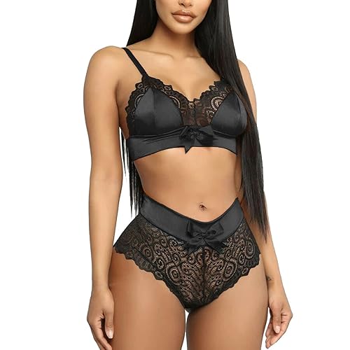 Sexy Lingerie Set for Women Naughty 2 Piece Push up Sling Bra and Panty Underwear Sets See Through Lace Patchwork Strappy Nightwear with Knickers Ladies Sweet Bowknot V Neck Hot Boudoir Outfit - L - Black