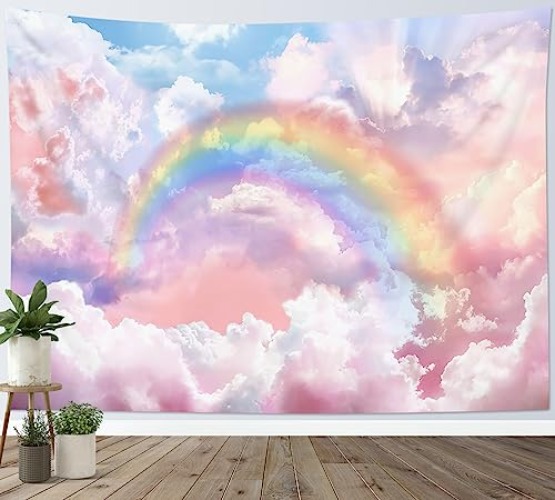 Rainbow Sunshine Pink Cloud in Blue Sky Tapestry, 80Wx60H inch