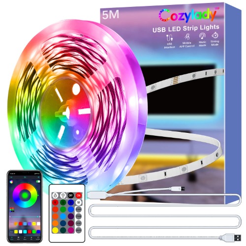 Cozylady LED Light Strip 5M,16.4ft USB RGB Strip Lights with Remote, Multi-Colour LED Light Strips Kit Music Sync 5050 LED 5V RGB Light Bluetooth APP Control for Home TV Party Christmas Halloween