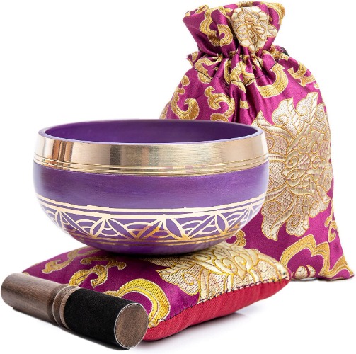 Tibetan Singing Bowl Set - Easy To Play for Beginners - Authentic Handcrafted Mindfulness Meditation Holistic Sound 7 Chakra Healing Gift by Himalayan Bazaar (Purple-Magenta)