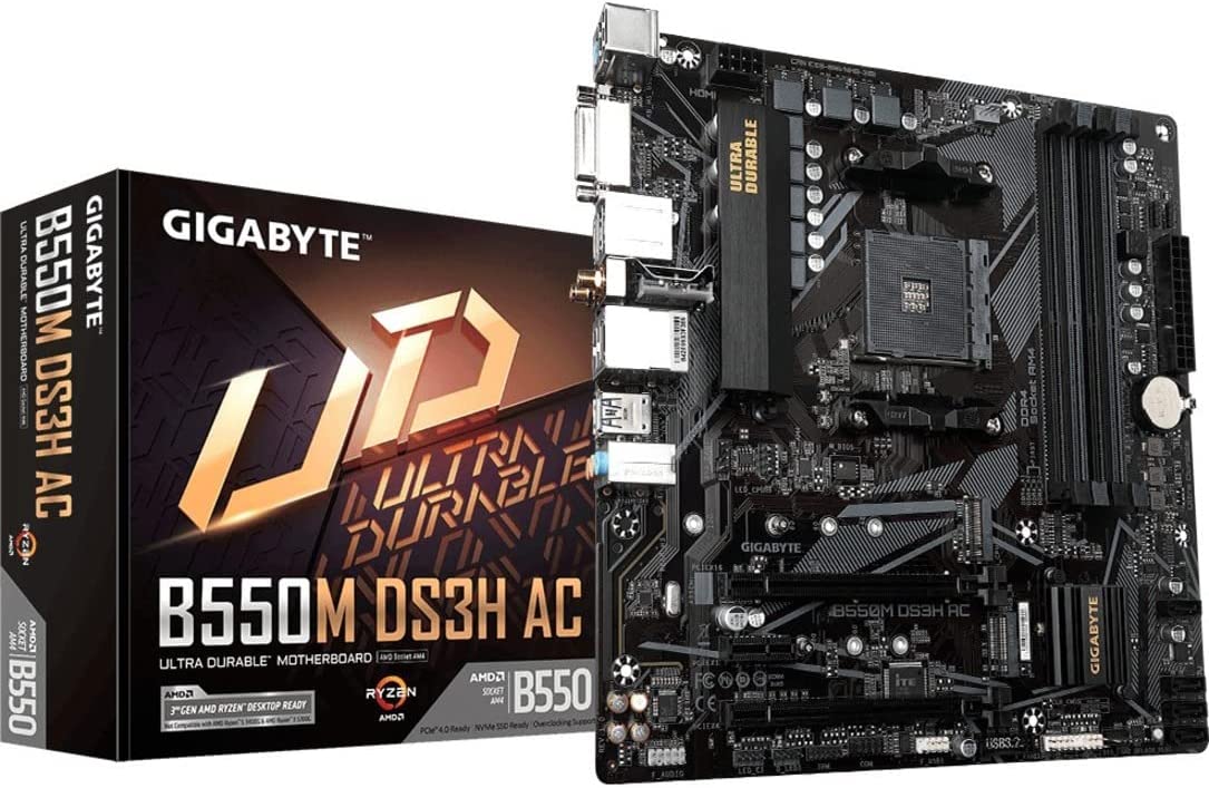 GIGABYTE B550M DS3H AC (AM4 AMD/B550/Micro ATX/Dual M.2/SATA 6Gb/s/USB 3.2 Gen 1/PCIe 4.0/HMDI/DVI/DDR4/Motherboard) - B550 B550M DS3H AC Bundle