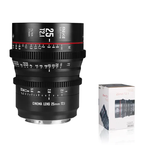 Meike 25 mm T2.1 S35 manuell fokus vidvinkel Prime bio-objektiv för Canon EF montering och Cine videokamera EOS C100 Mark II, EOS C200, EOS 300 Mark II, EOS C300 Mark III, Zcam E2-S6 6K