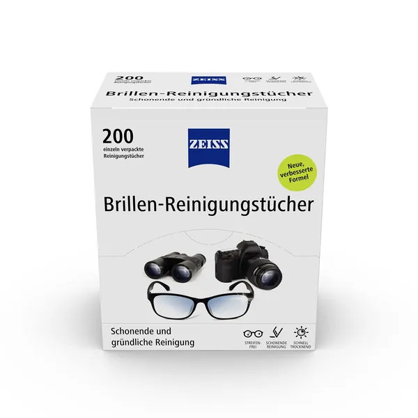 Zeiss Glasrengöringsdukar med alkohol 200 stycken för skonsam och noggrann rengöring av dina glasögonlinser - varje trasa individuellt förpackad - perfekt för på språng eller när du reser