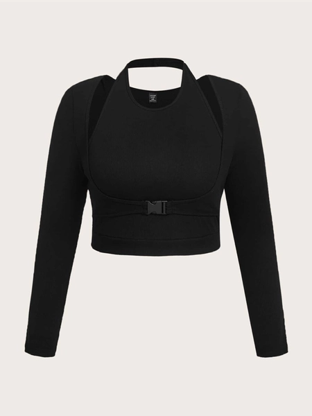 SHEIN EZwear Plus Solid Ribbed Knit Buckle Detail Tee