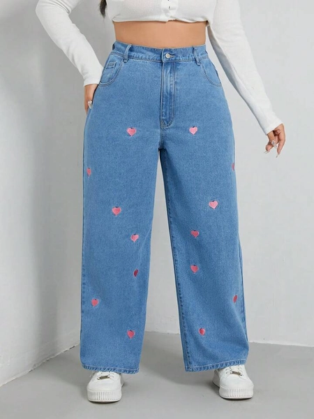SHEIN EZwear Plus Heart Embroidery Wide Leg Jeans