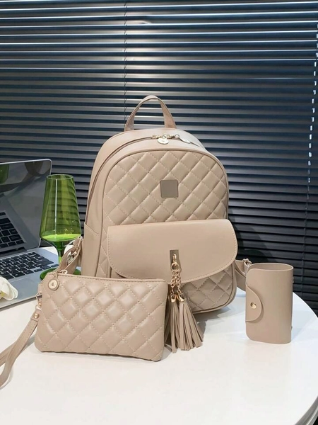 3pcs Tassel Decor Argyle Quilted Classic Backpack Set Checkered Quilted Embroidered Thread Backpack Women'S Student Backpack