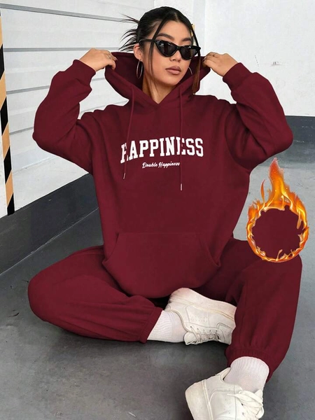 Plus Letter Graphic Kangaroo Pocket Thermal Lined Drawstring Hoodie & Sweatpants