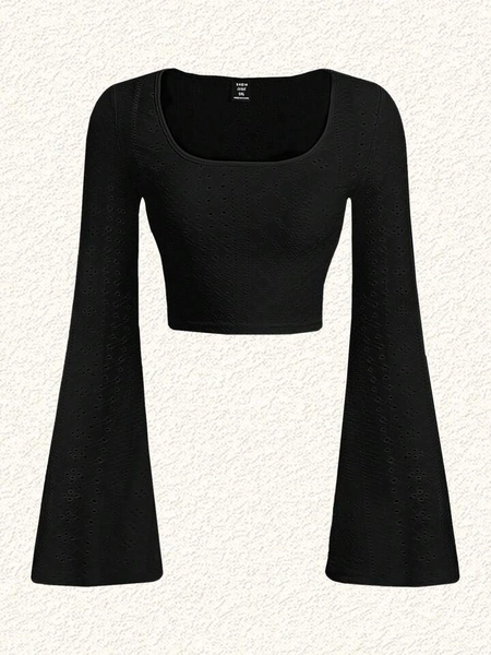 SHEIN EZwear Black Knit Flare Sleeve Women's T-shirt