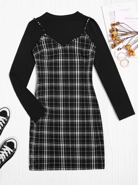 SHEIN Qutie Plus Solid Tee & Plaid Print Cami Dress Set