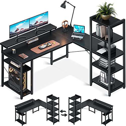 ODK L Shaped Desk with Monitor Stand, 61 Inch Home Office Desks with Storage Printer Shelves, Reversible Corner Gaming Desk with Bookshelf for Bedroom, Black - 61 inch - Black